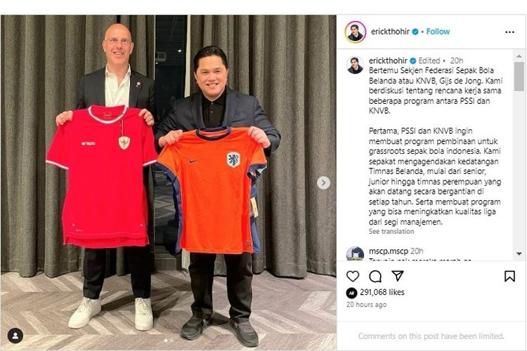 Erick Thohir Bertemu KNVB untuk Jalin Kerja Sama, Ini Poin-poin yang Direncanakan