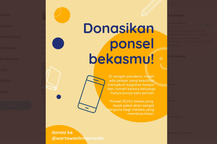 Donasi ponsel bekas yang digagas oleh sejumlah wartawan lintas media untuk didonasikan kepada para siswa yang mengalami kesulitan perangkat ponsel untuk belajar online di masa pandemi virus corona.