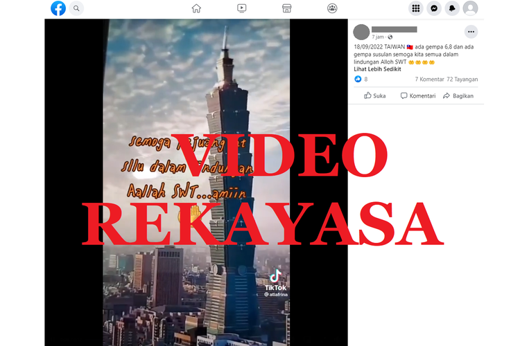 Tangkapan layar unggahan dengan narasi hoaks di sebuah akun Facebook, Senin (19/9/2022), soal video gedung 101 Taipei yang meliuk karena gempa.