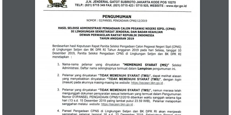 Setjen Dpr Umumkan Seleksi Administrasi Cpns 2019 319 Pelamar Lolos Halaman All Kompas Com