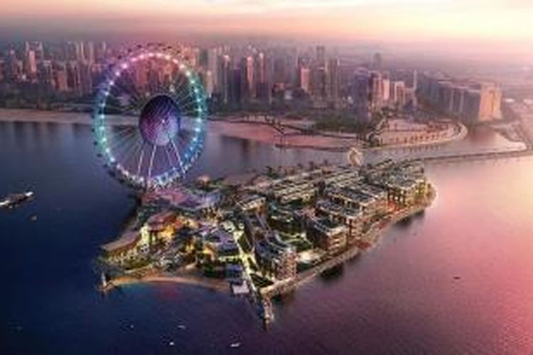 Bluewaters Island, diatasnya terdapat Dubai Eye setinggi 210 meter dan sistem personal rapid transit (PRT)