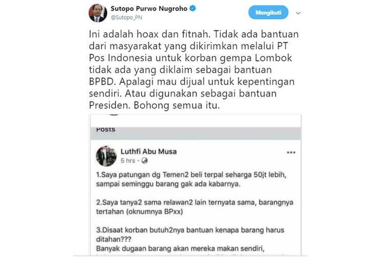 Klarifikasi yang diberikan oleh Sutopo Purwo Nugroho terkait kabar hoaks yang beredar.