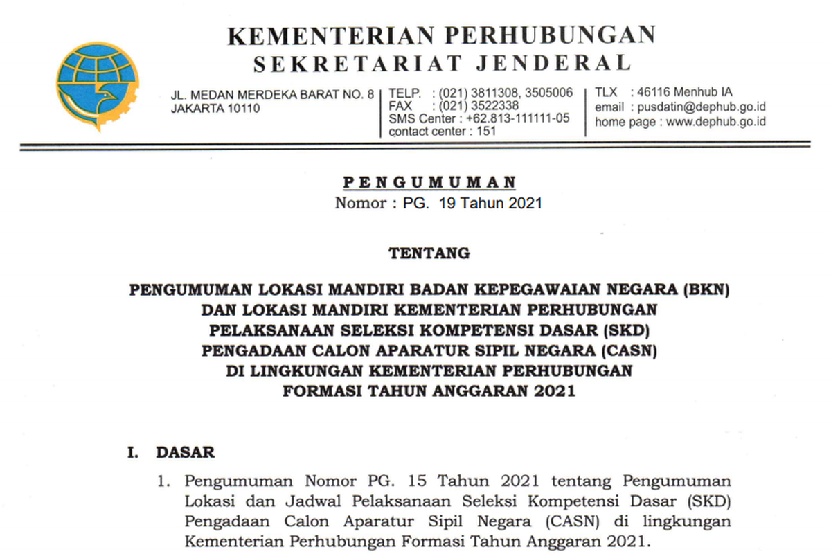 Tangkapan layar pengumuman pelaksanaan SKD CPNS 2021 Kemenhub.