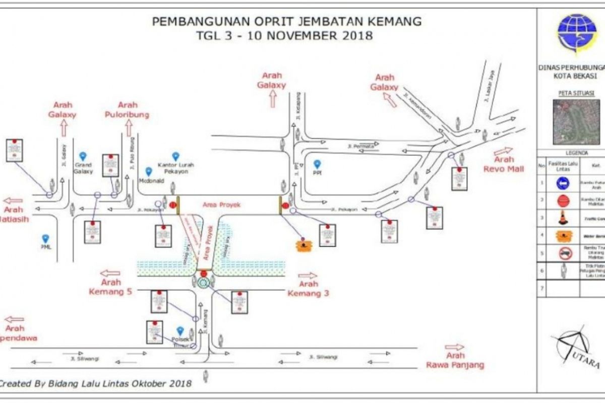 Rute pengalihan arus lalu lintas karena ada penutupan Jembatan Kemang, Jalan Raya Pekayon, Bekasi Selatan, Kota Bekasi pada 3-10 November 2018, Rabu (31/10/2018).