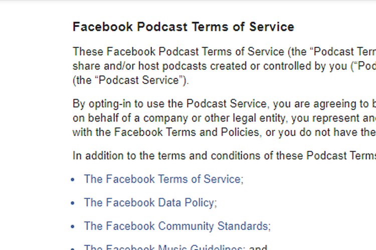 Tangkapan layar kebijakan Facebook Podcast.