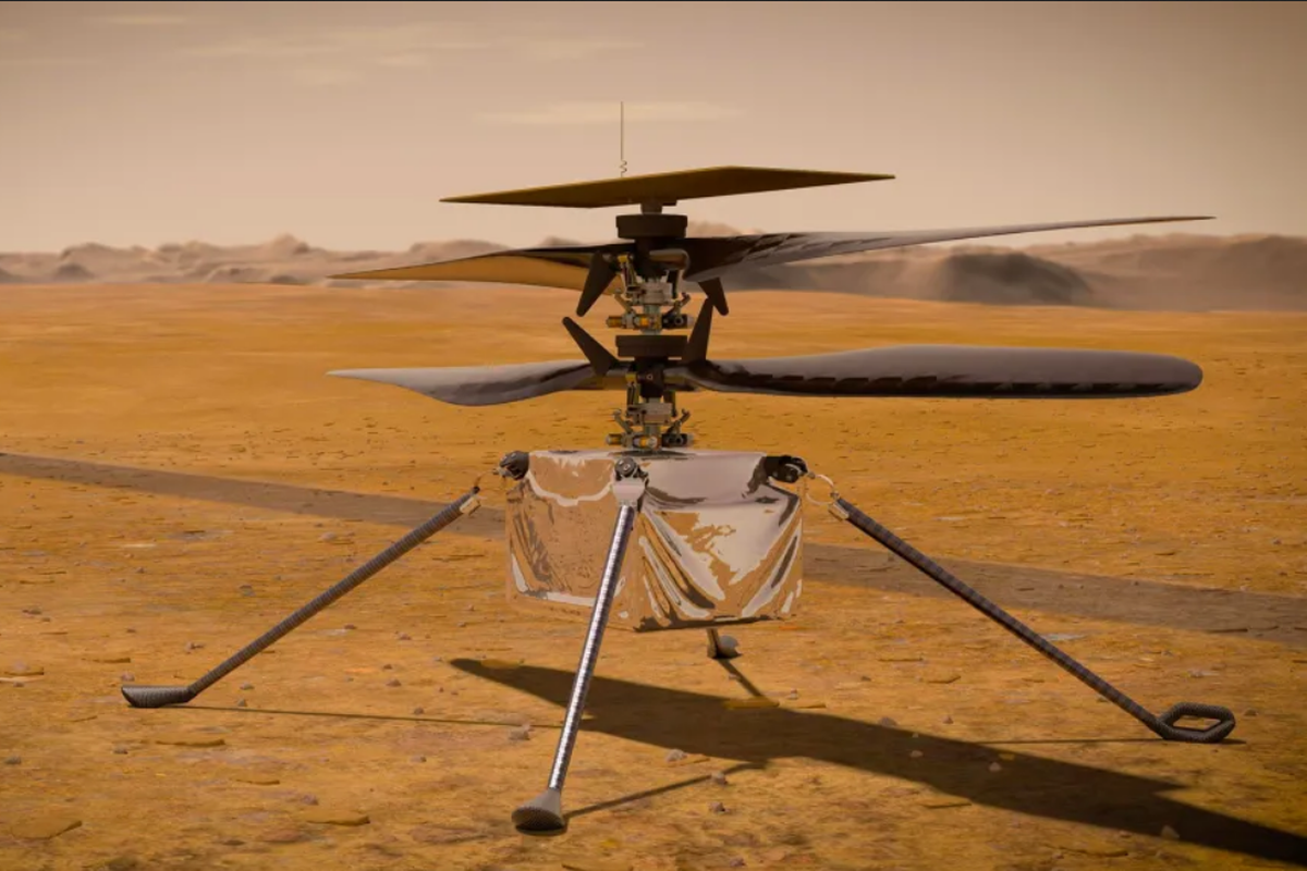 Ilustrasi helikopter Ingenuity  yang melakukan penerbangan di Mars 

