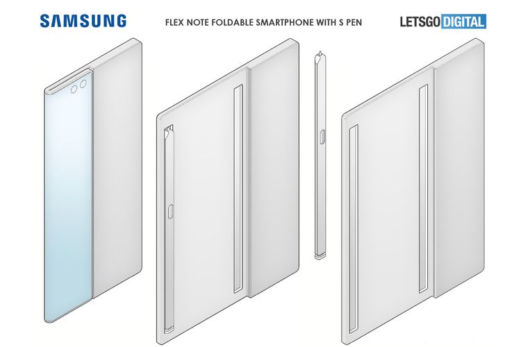 Render desain buatan LetsGo Digital dari paten Galaxy Flex Note Foldable Smartphone yang didaftarkan Samsung, di mana sisi belakang terdapat potongan khusus untuk wadah S Pen.
