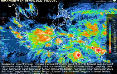 Citra inframerah Himawari-9 tentang bibit Siklon Tropis 98S yang saat ini tumbuh di Laut Arafura, Kamis (6/4/2023)