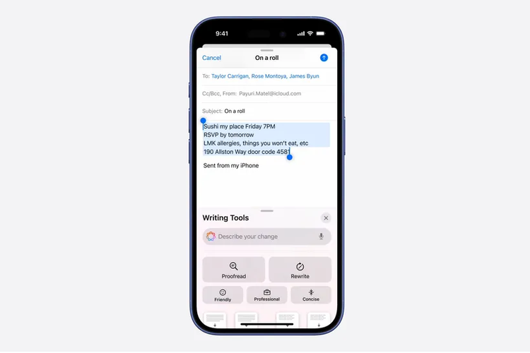 Fitur Writing Tools di iOS 18.1.