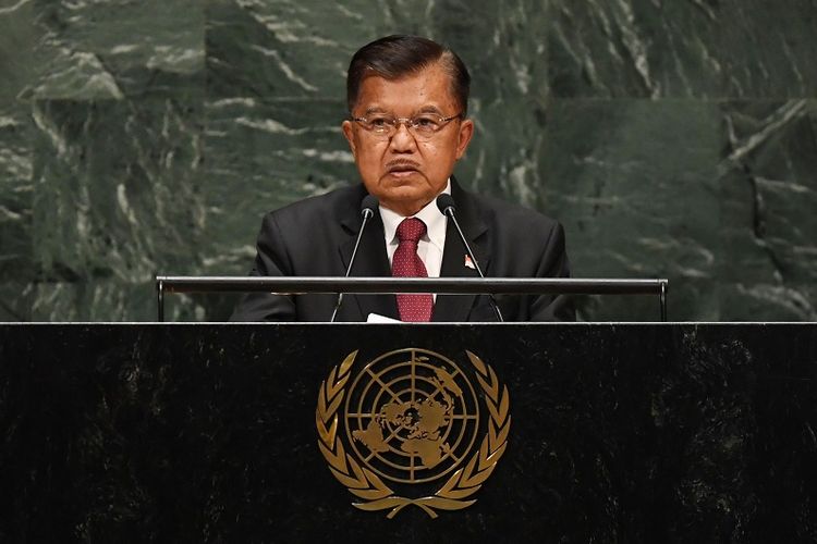 Wakil Presiden Indonesia Jusuf Kalla saat berbicara di Sidang Umum PBB, di New York, Jumat (27/9/2019).