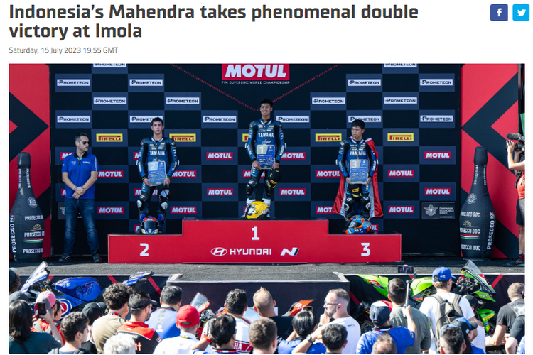 Pebalap Indonesia, Aldi Satya Mahendra (podium 1), berhasil memenangi race pertama dan kedua seri kelima Yamaha R3 bLU cRU European Championship 2023 yang digelar di Sirkuit Imola, Italia, pada Sabtu (15/7/2023). (Sumber foto: Tangkapan layar Worldsbk.com)