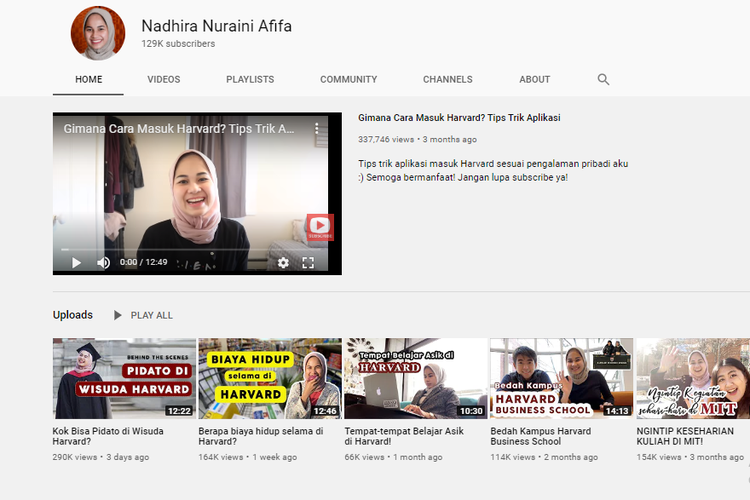Tangkapan layar akun YouTube Nadhira Nuraini Afifa