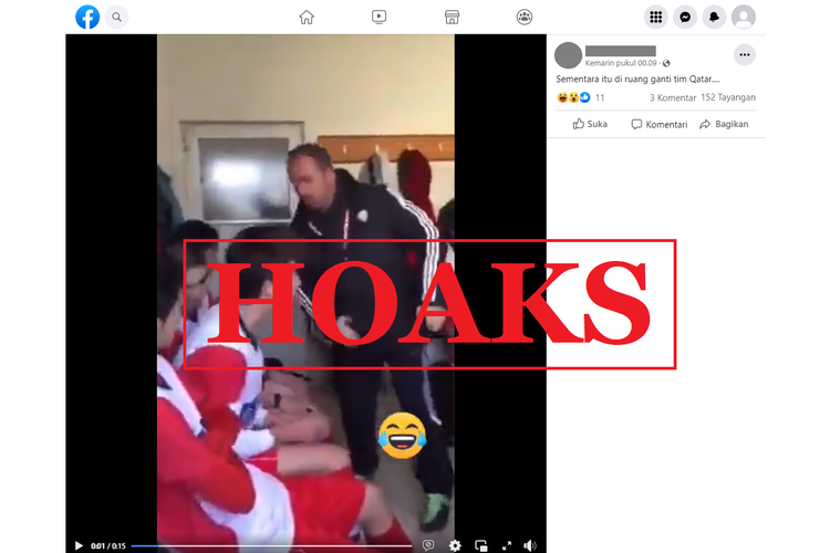 Tangkapan layar unggahan dengan narasi hoaks di sebuah akun Facebook, Senin (21/11/2022), soal video menampilkan pelatih tim Qatar menampar para pemain sepak bola. Faktanya, itu adalah kejadian pada 2019 di Turki.