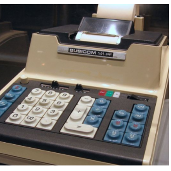 Kalkulator Busicom 141-PF yang menggunakan mikrochip komersial pertama di dunia, Intel 4004.