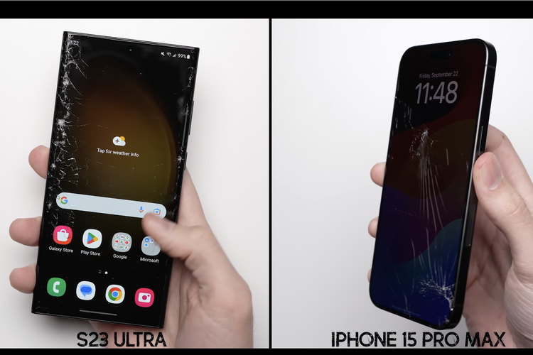 Uji jatuh ketiga adalah menguji ketahanan layar iPhone 15 Pro Max dan Galaxy S23 Ultra. Layar Galaxy S23 Ultra jauh lebih pecah ketimbang iPhone 15 Pro Max