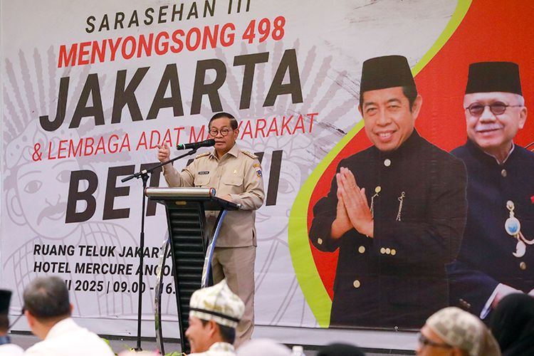 Gubernur DKI Jakarta Pramono Anung di acara Sarasehan III Kaukus Muda Betawi: Menyongsong 498 Tahun Kota Jakarta Dan Lembaga Adat Masyarakat Betawi Tahun 2025 di Hotel Mercure Ancol, Jakarta Utara, Senin (2/6).

