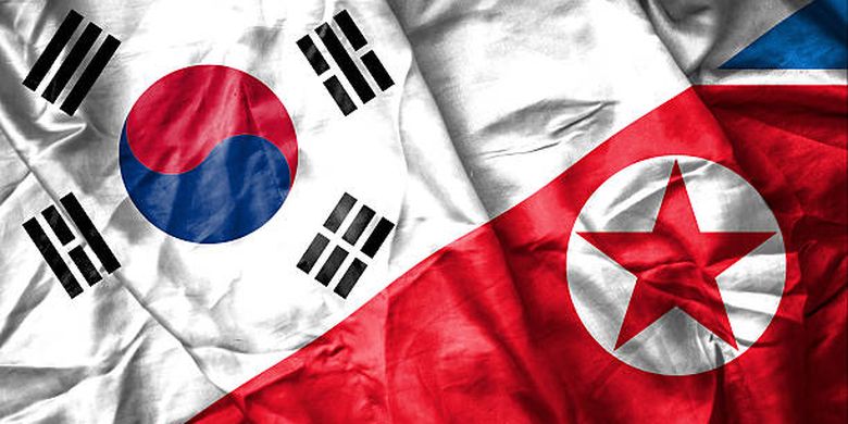 Ilustrasi bendera Korea Selatan dan Korea Utara.