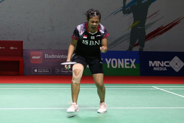 Gregoria Mariska Tunjung saat melawan Pusarla Venkata Sindhu (India) pada babak 16 besar Indonesia Masters 2022 di Istora Senayan, Jakarta, Kamis (9/6/2022). Kini, dia tampil di turnamen BWF World Tour Finals 2022.