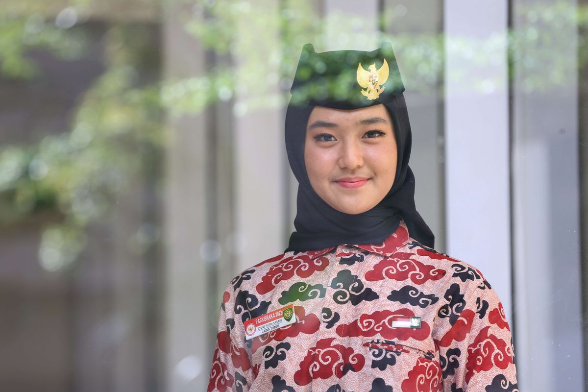 Tim Pasukan Pengibar Bendera Pusaka (Paskibraka) Nasional upacara HUT Kemerdekaan Ke-77 RI tahun 2022, Ayumi Putri Sasaki saat ditemui di Jakarta, Kamis (18/8/2022). Ayumi Putri Sasaki terpilih jadi pembawa Merah Putih saat diturunkan.