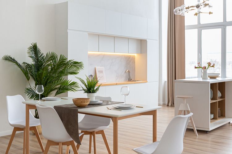 Ilustrasi furnitur di ruang makan atau dapur. 