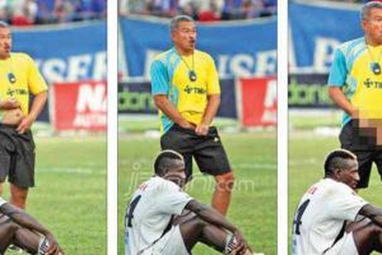 Pelatih PS Bangka yang merupakan mantan penjaga gawang tim nasional, Hermansyah, melakukan aksi protes dengan memperlihatkan kemaluan di tengah lapangan.