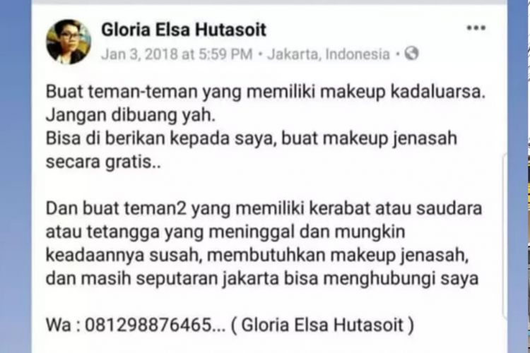 Postingan facebook Gloria Elsa Hutasoit yang menerima make up bekas untuk merias jenazah