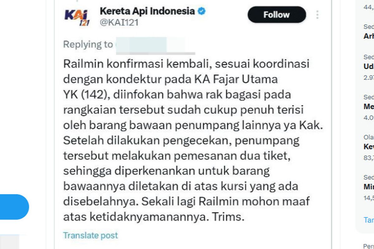 Tangkapan layar unggahan menyebut penumpang kereta diperbolehkan membeli dua tiket dengan kursi satunya untuk diletakkan koper