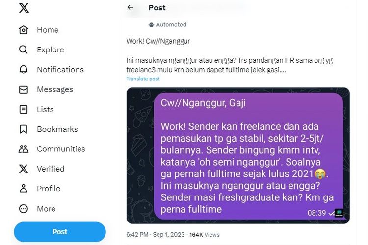 Tangkapan layar soal freelance disebut sebagai semi menganggur.