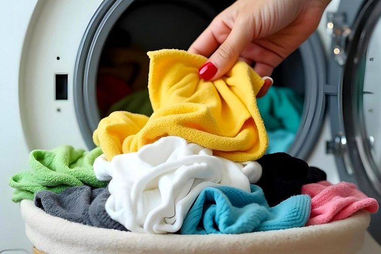 Ilustrasi keranjang cucian, Ilustrasi mencuci pakaian.