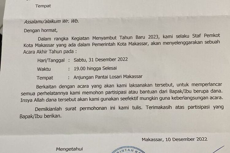 Beredar proposal permohonan permintaan bantuan dana jelang tahun baru mengatasnamakan Pemkot Makassar ditandatangani Wakil Wali Kota Makassar, Fatmawati Rusdi.