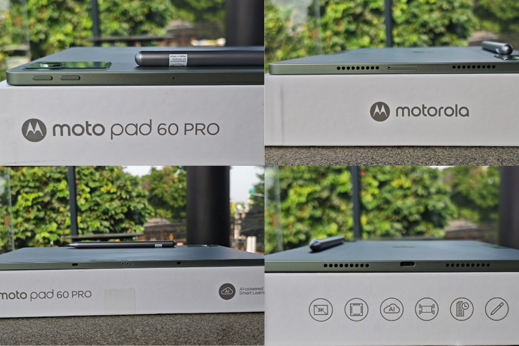 Tablet Moto Pad Pro dibekali lubang port dan tombol yang cukup lengkap. Mulai dari tombol volume up/down (kiri atas), tombol daya (power), slot microSD, dua grill speaker (kanan atas), port pogo PIN Connector untuk menyambung ke aksesori keyboard case (kiri bawah), dan dua grill speaker dan port USB Type-C (kanan bawah).