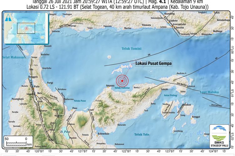 Peta lokasi gempa magnitudo 6,3 di laut pada jarak 58 km arah timur laut Kabupaten Tojo Una-Una, Sulawesi Tengah pada kedalaman 10 km