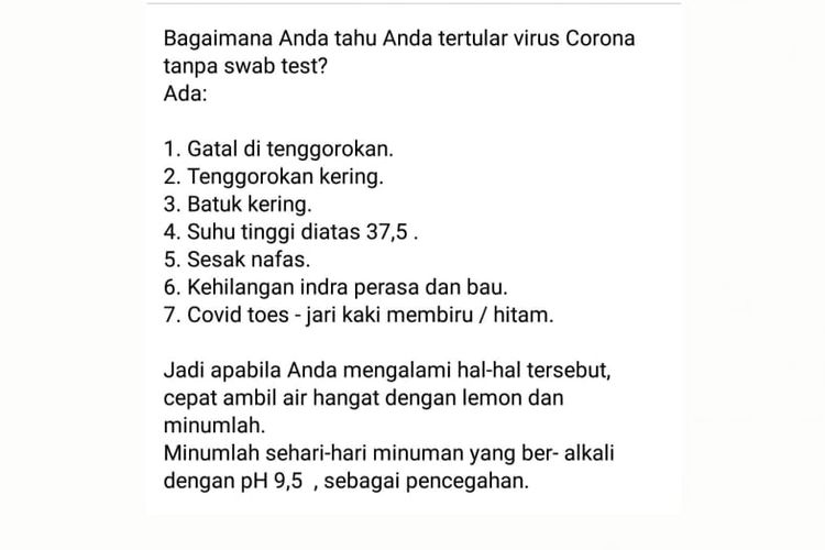 Status Facebook soal cara mengetahui infeksi virus corona tanpa swab test. 