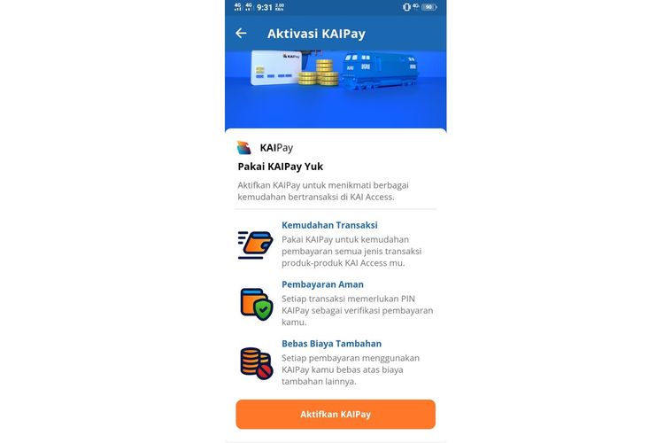 Cara aktivasi dan bayar tiket kereta api dengan KAIPay di aplikasi KAI Access, Selasa (23/11/2021).