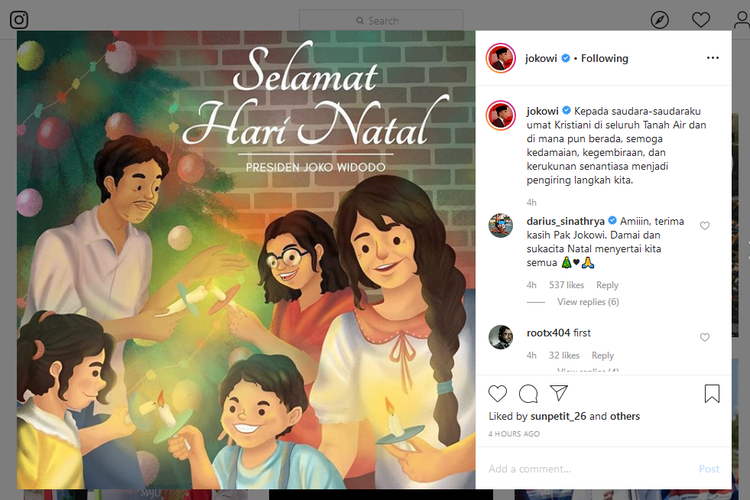 Presiden Joko Widodo mengucapkan selamat pada Hari Natal melalui akun media sosialnya.