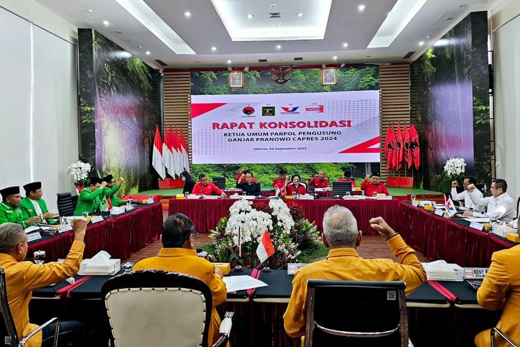 Para ketua umum partai politik pengusung Ganjar Pranowo saat rapat konsolidasi tertutup di Kantor DPP PDI-P, Jalan Diponegoro, Menteng, Jakarta, Senin (4/9/2023).