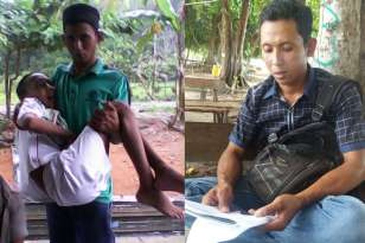 Jaslian (36) menggendong anaknya yang sedang menderita penyakit tumor otak (foto kiri). Jaslian menunjukkan surat yang ditulisnya tentang rencananya menjual ginjal untuk biaya pengobatan anaknya (foto kanan)