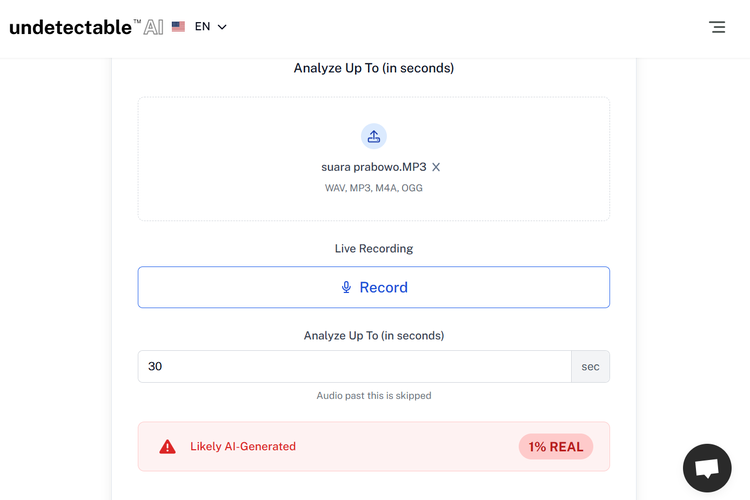 Tangkapan layar Undetectable menunjukkan, suara Prabowo mengenai pencairan bansos Rp 7 juta memiliki probabilitas kuat dihasilkan oleh AI.