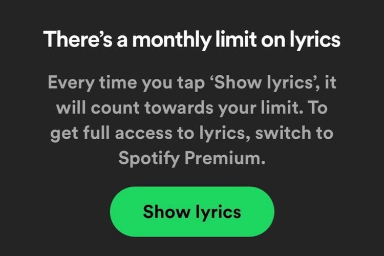 Ilustrasi pemberitahuan pembatasan lirik Spotify. Fitur lirik di Spotify mengalami pembatasan akses yang membuat pengguna harus berlangganan akun Premium.