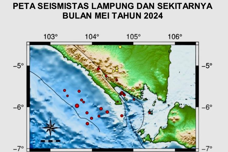 Peta Seismitas Lampung bulan Mei 2024 yang diolah Stasiun Geofisika Lampung Utara.