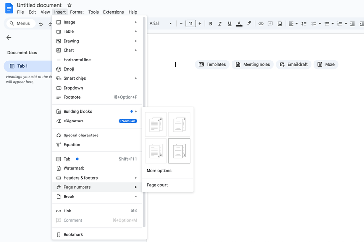 Ilustrasi cara tambahkan halaman di Google Docs