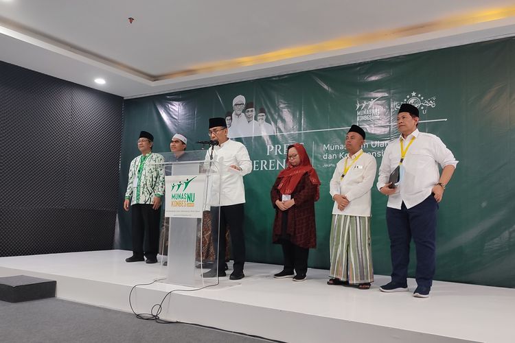 Jumpa pers hasil Konferensi Besar dan Musyawarah Nasional Alim Ulama Nahdlatul Ulama, Selasa (19/9/2023).