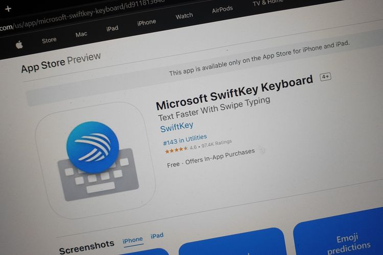Ilustrasi aplikasi Swiftkey Keyboard di toko aplikasi iOS App Store.