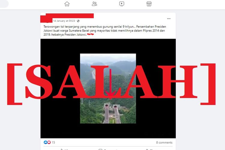 Tangkapan layar Facebook video yang menyebut bahwa jalan tol dengan terowongan menembus pegunungan berada di Sumatera Barat