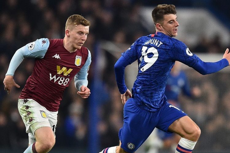 Matt Target mencoba menahan laju Mason Mount pada laga Champions vs Aston Villa dalam llanjutan Ligggris di Stadion Anfield, 4 Desember 2019/ 