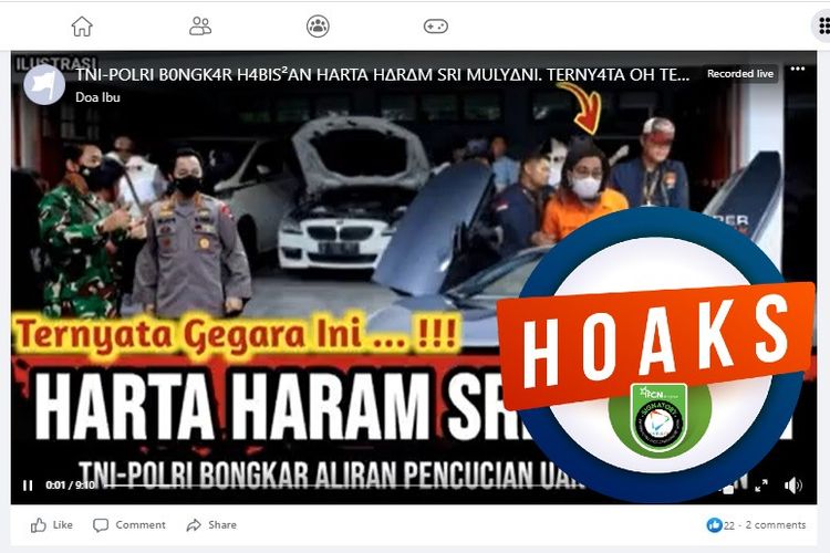 Tangkapan layar Facebook narasi yang menyebut bahwa TNI dan Polri membongkar harta haram Sri Mulyani