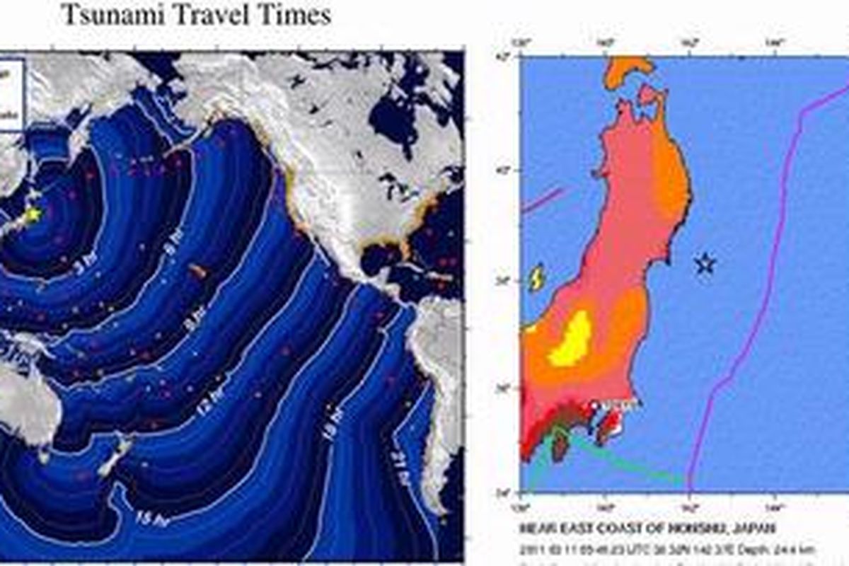 Grafis yang NOAA, menunjukkan perkiraan waktu tsunami bisa mencapai kawasan pantai di negara-negara tetangga menuju Filipina hingga Indonesia serta kawasan Pantai Barat Pasifik.