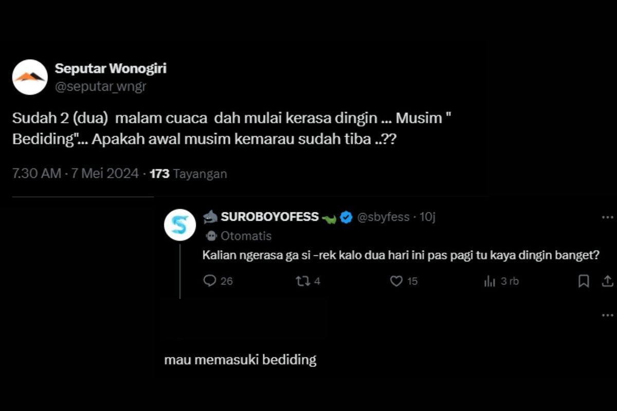 Tangkapan layar unggahan warganet yang menyebut terjadi fenomena dingin saat musim kemarau 2024 di Indonesia.