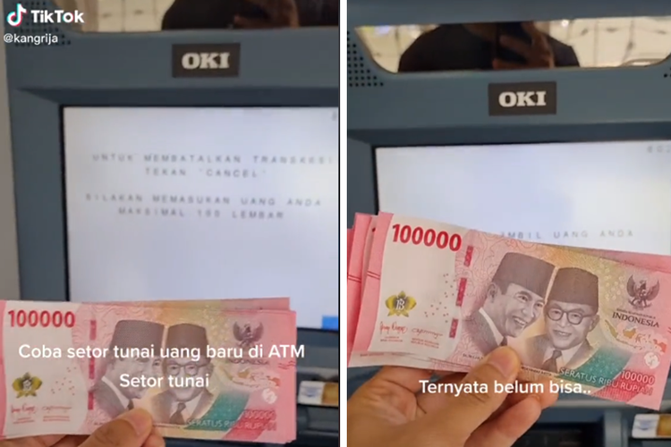 Tangkapan layar unggahan video seorang nasabah gagal melakukan setor tunai melalui mesin ATM menggunakan uang baru emisi 2022.
