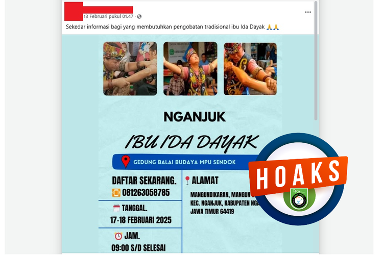 Tangkapan layar Facebook, poster yang menyebut Ida Dayak akan melakukan pengobatan di Kabupaten Nganjuk pada 17 sampai 18 Februari 2025